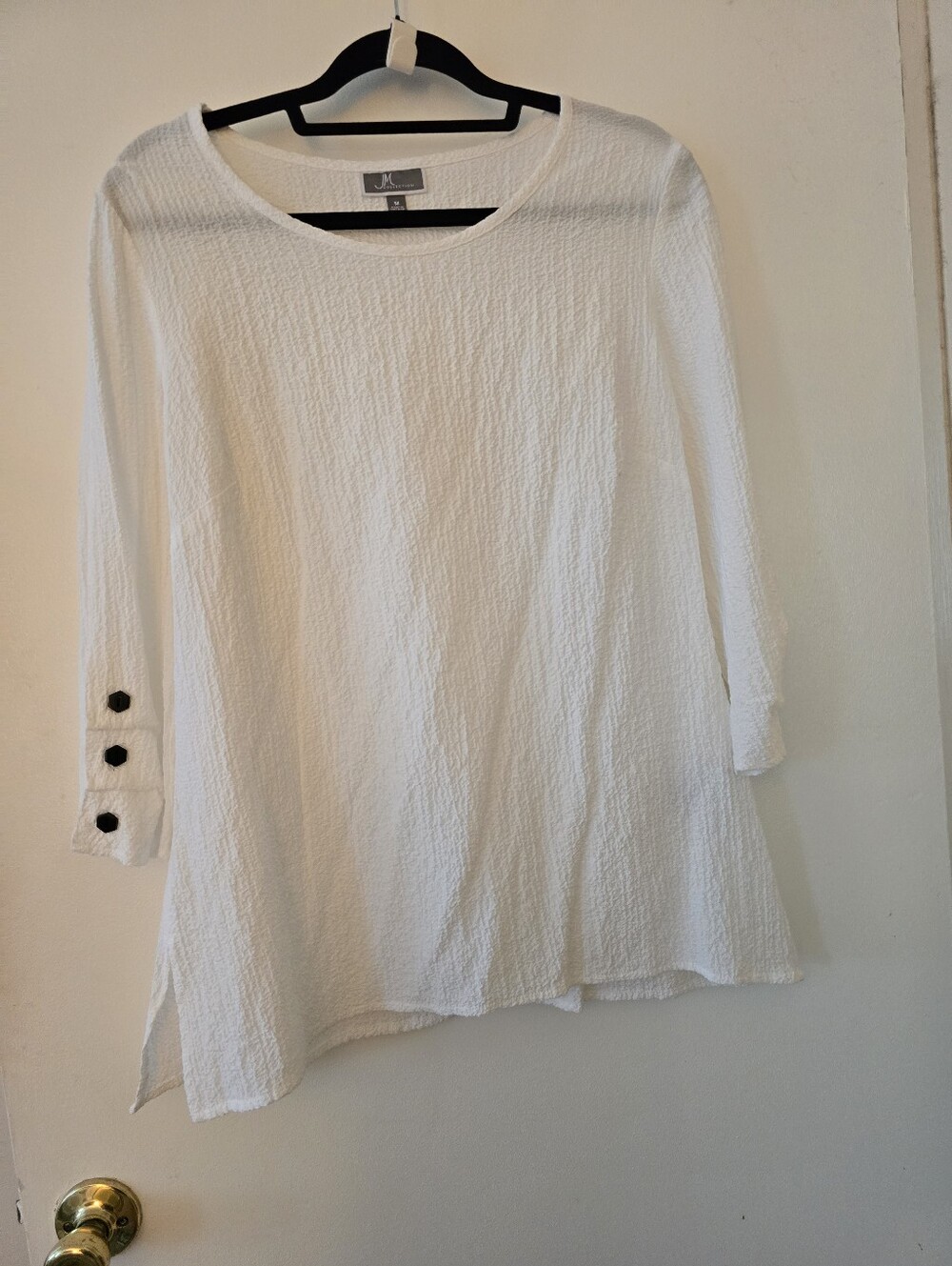 JM Collection White Textured 3/4 Sleeve Tunic with Button Cuffs